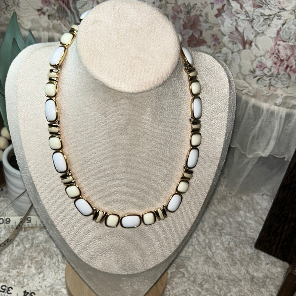 Trifari Classic White and Gold Necklace with Oval Beads
